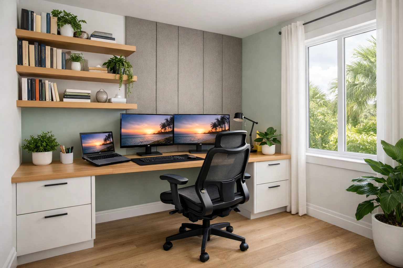 Dedicated home office with built-in desk and shelving in Orlando remodeled home
