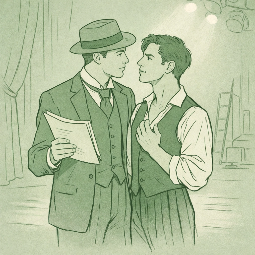 Two male actors rehearsing on stage showing romantic tension in MM theater romance story