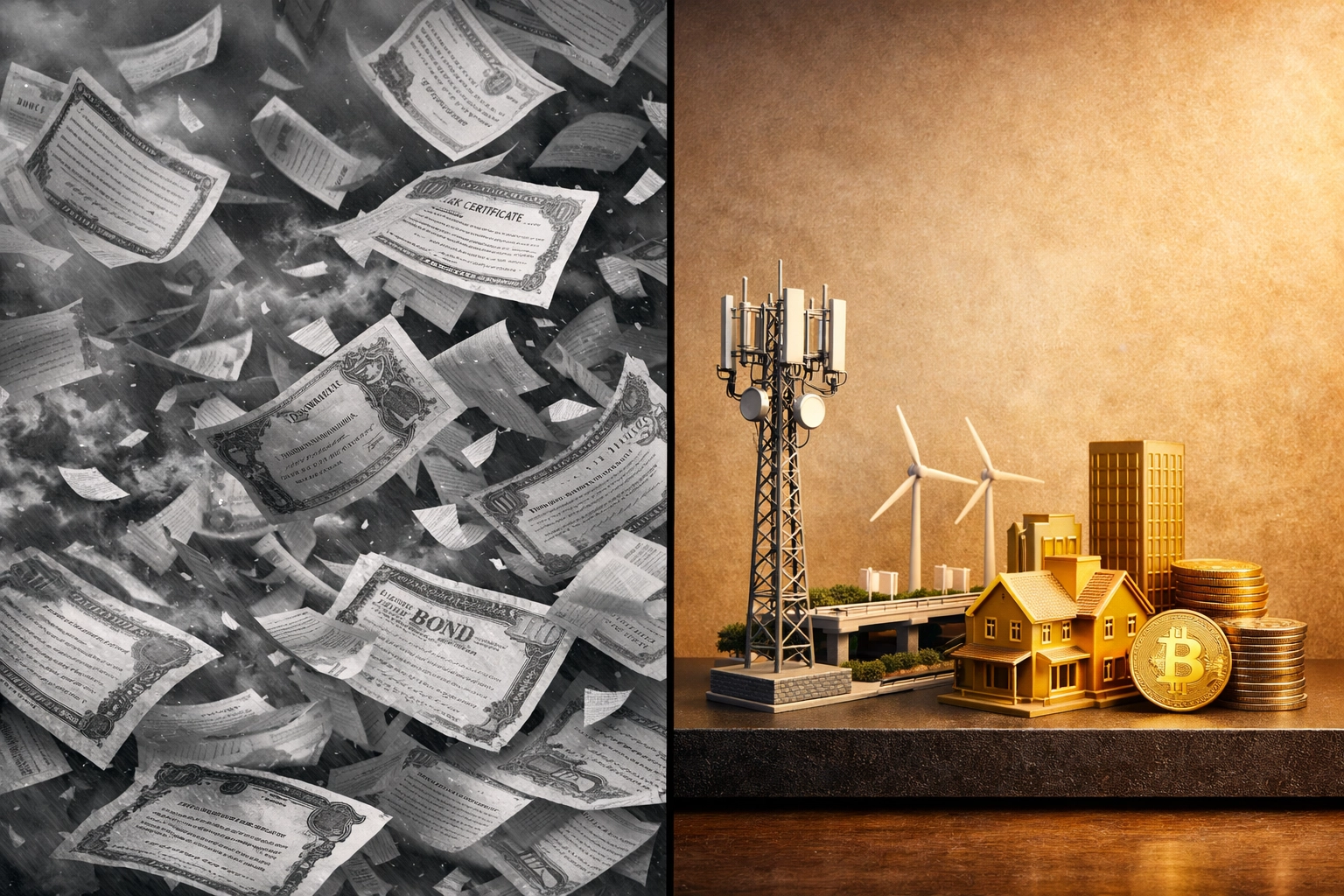 Traditional volatile assets contrasted with stable alternative investments like real estate and infrastructure