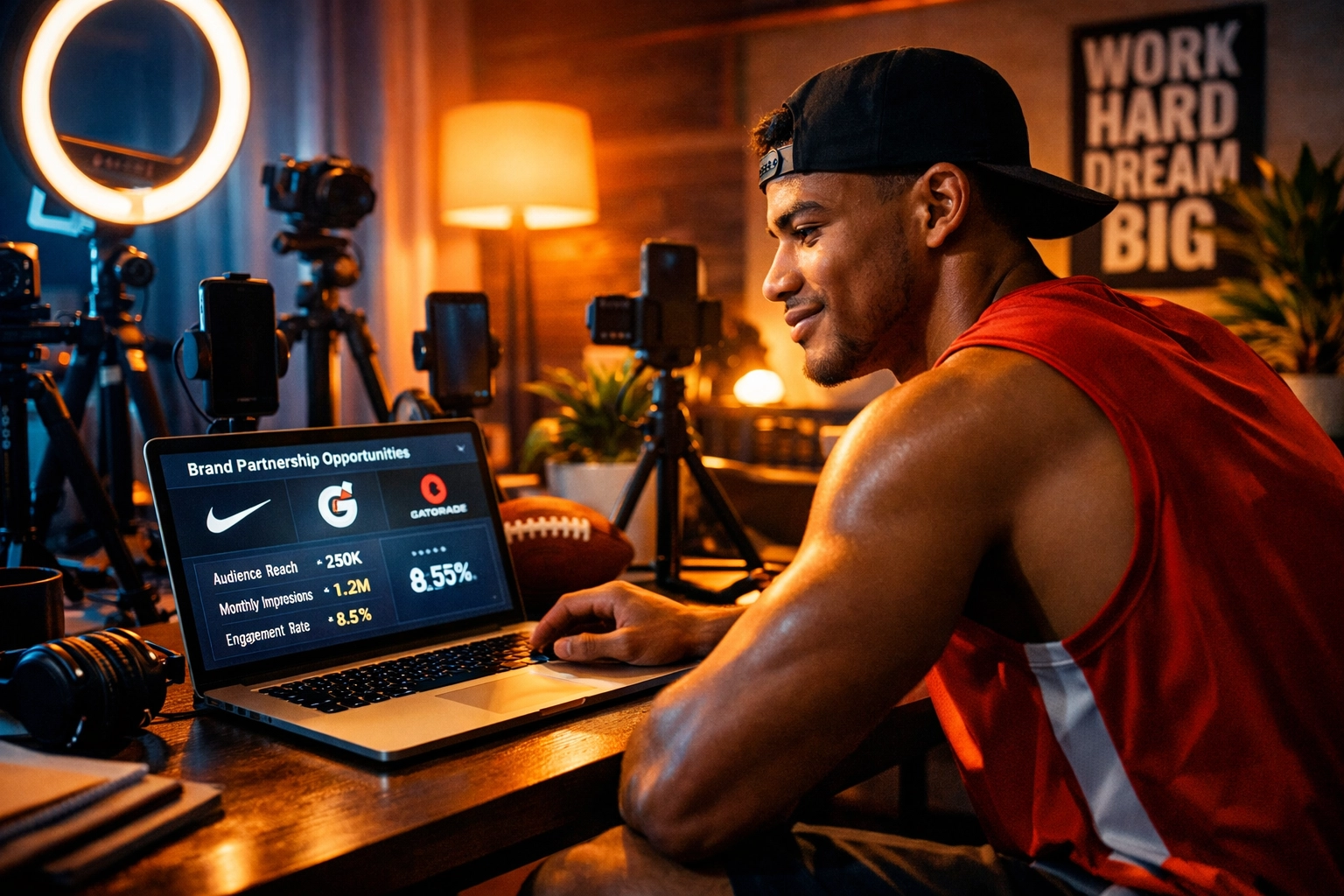 College athlete managing NIL brand partnerships and content creation in professional studio setup