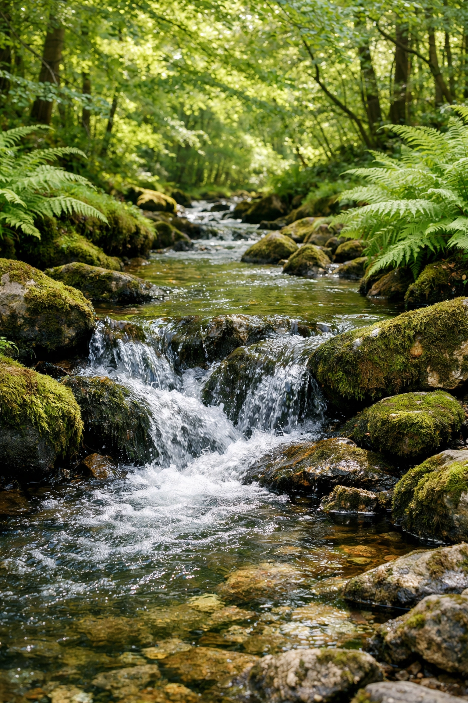 Clear stream in a British woodland, a perfect natural water source for wild camping.