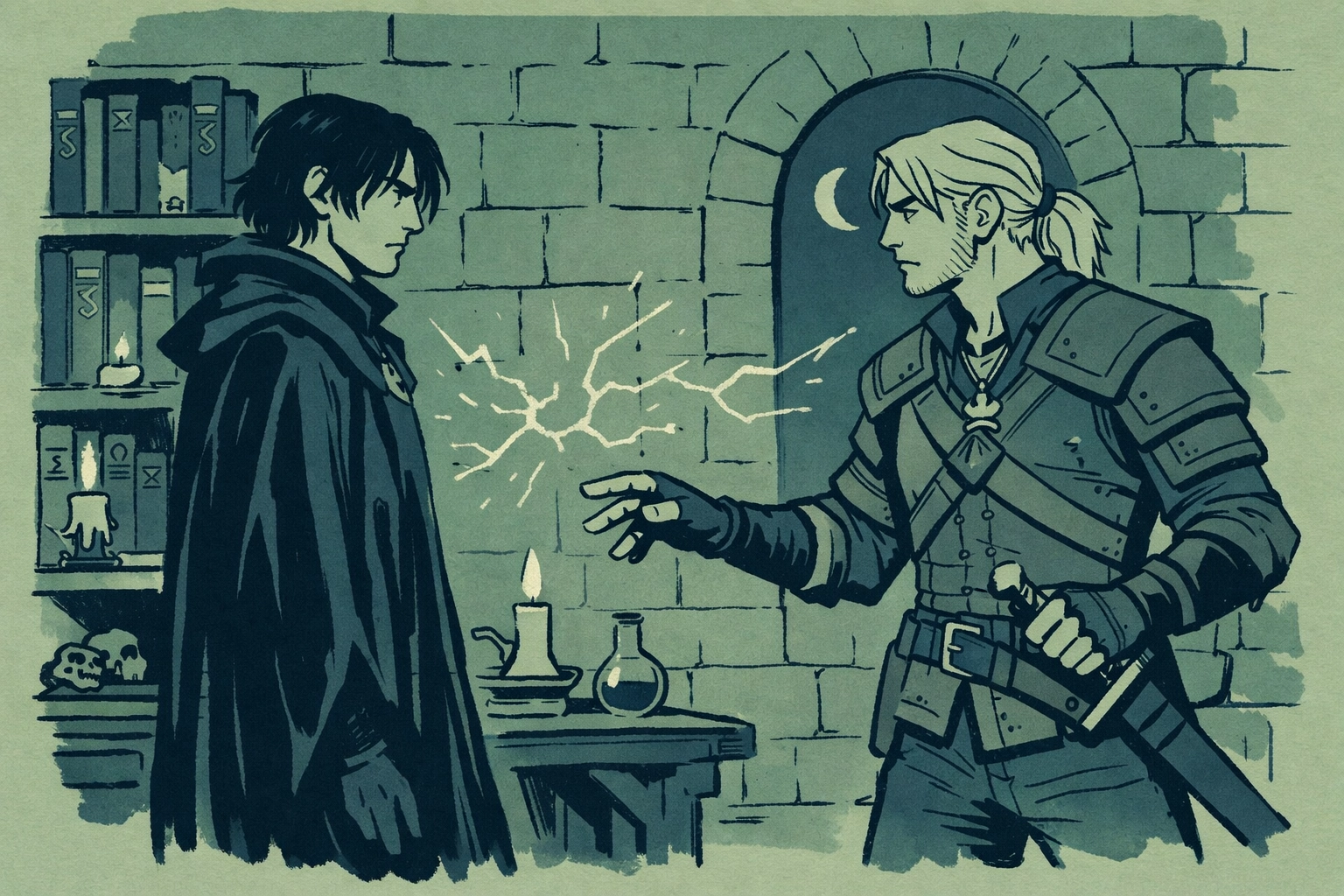 Witcher and mage in forbidden romance moment with tense attraction - MM fantasy tower scene