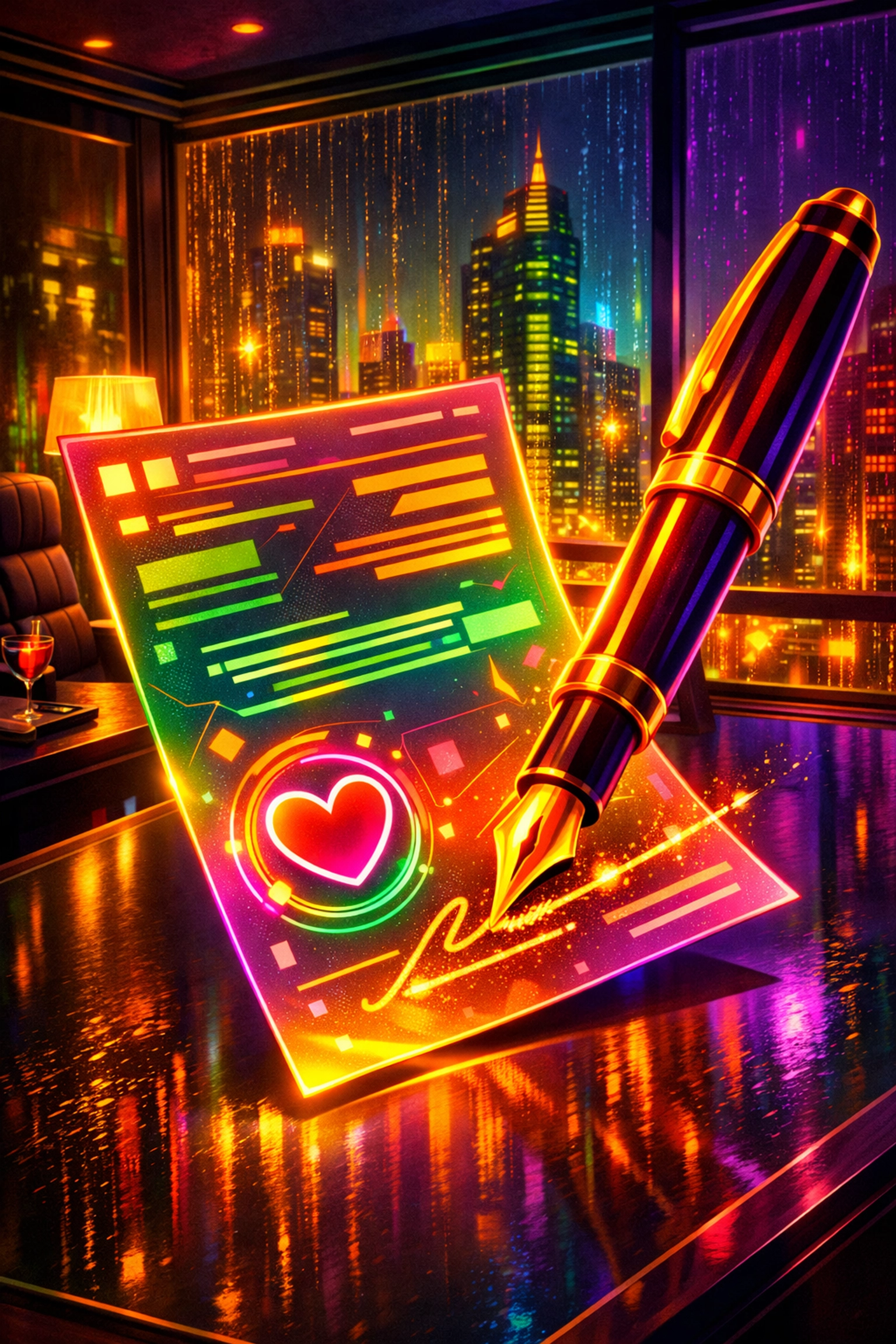 A glowing stylized pen signing a formal workplace love contract for HR compliance.