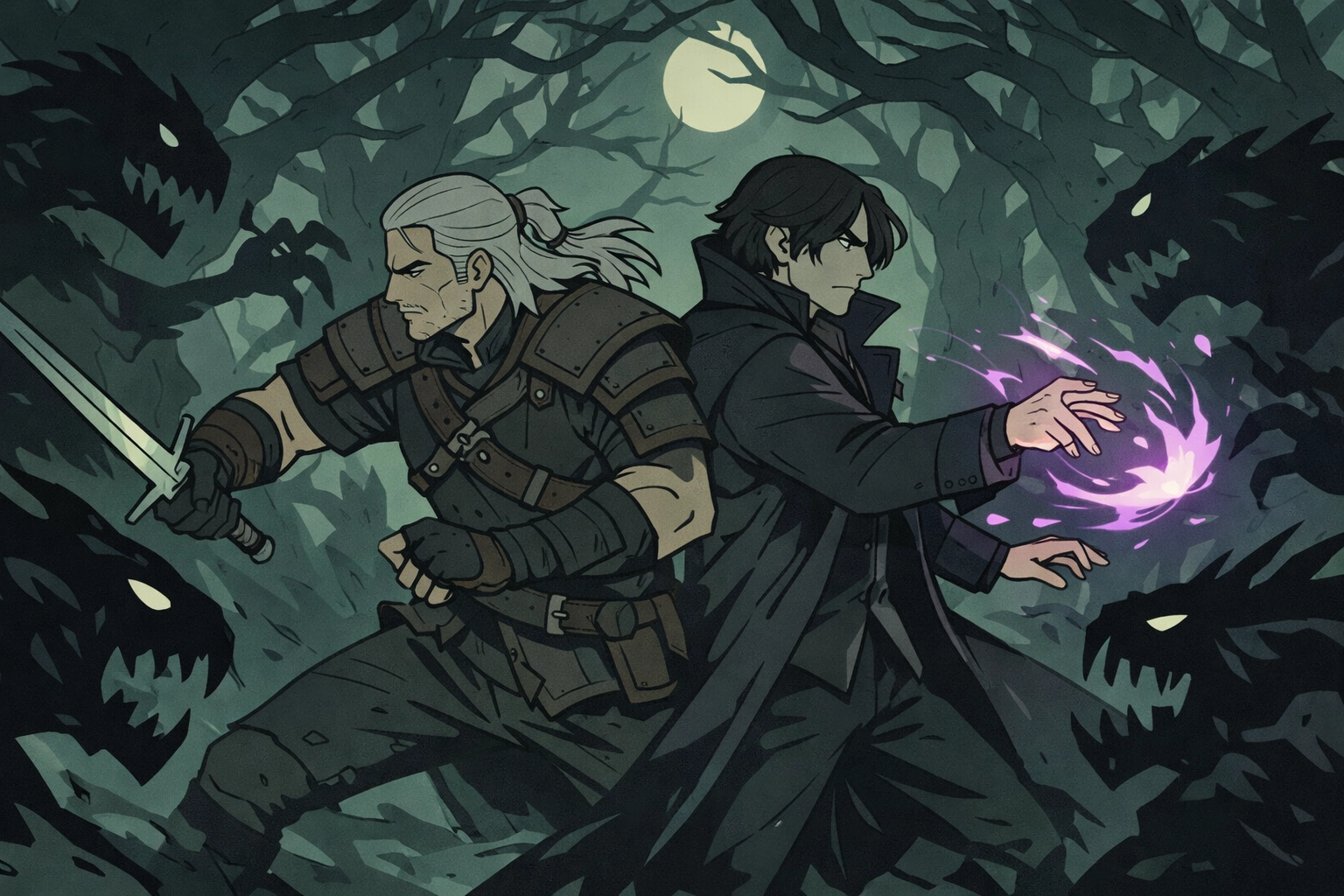 Witcher and vampire fighting monsters together in moonlit forest - gay fantasy action romance