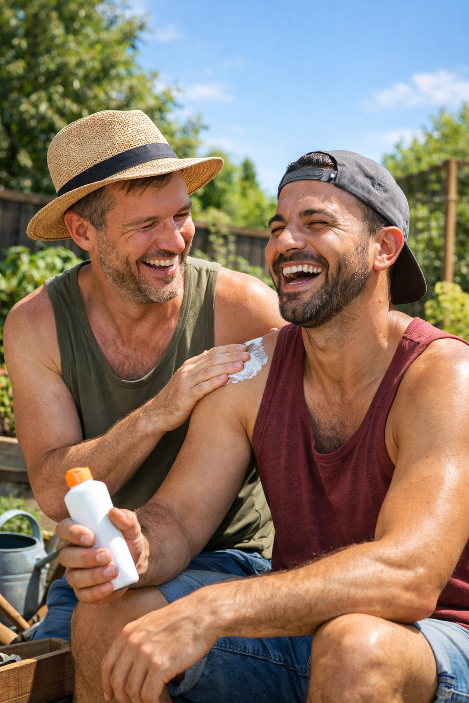 Gay couple applying sunscreen while enjoying naked gardening together in backyard
