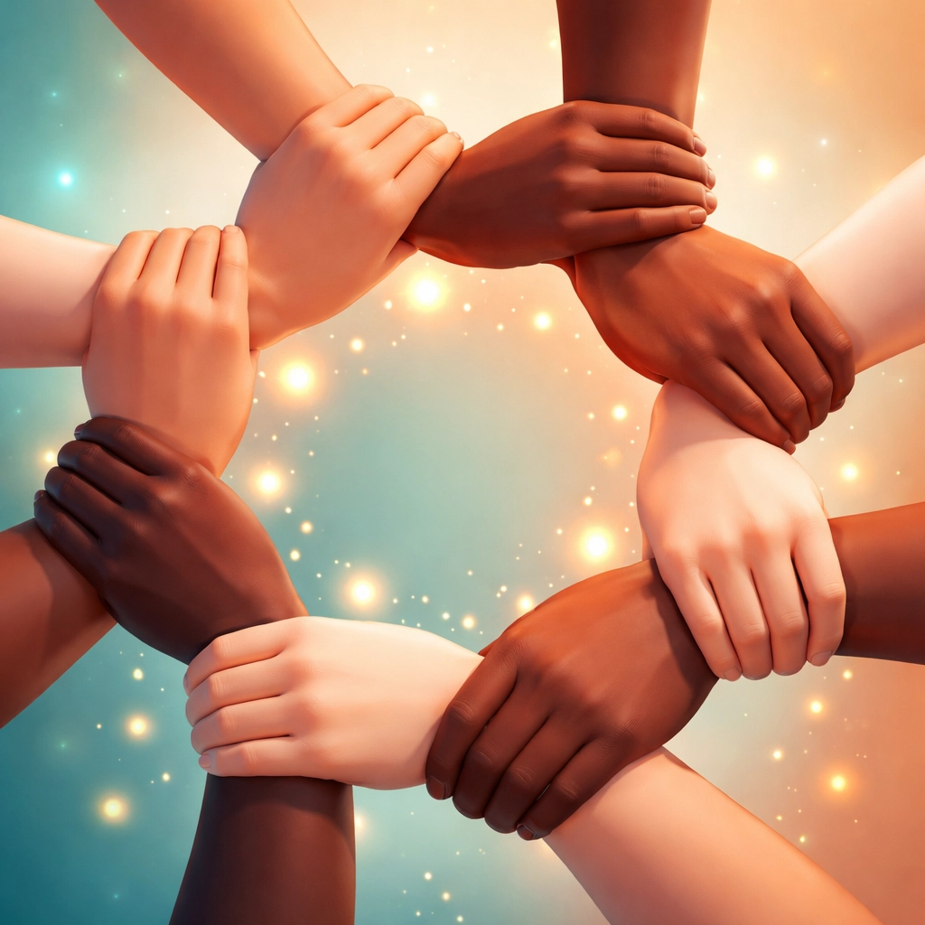 Circle of diverse hands joined together, representing autism parent support and inclusive community