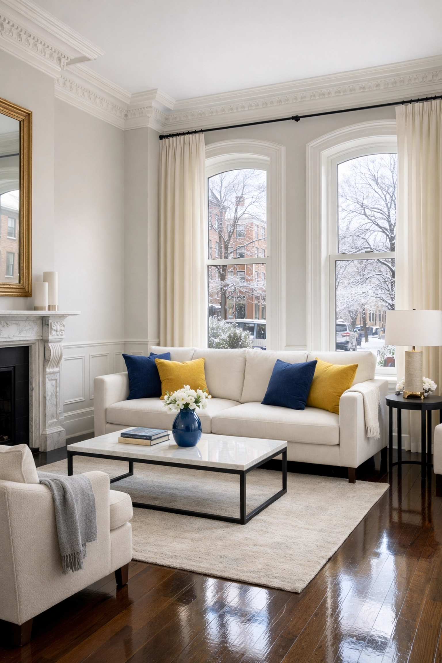Clean Boston brownstone living room with polished floors after a professional post-holiday cleaning service Boston.