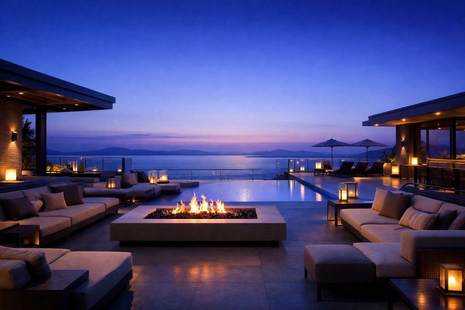 A thriving modern hotel rooftop terrace, the result of a successful hotel PMS upgrade in 2026.