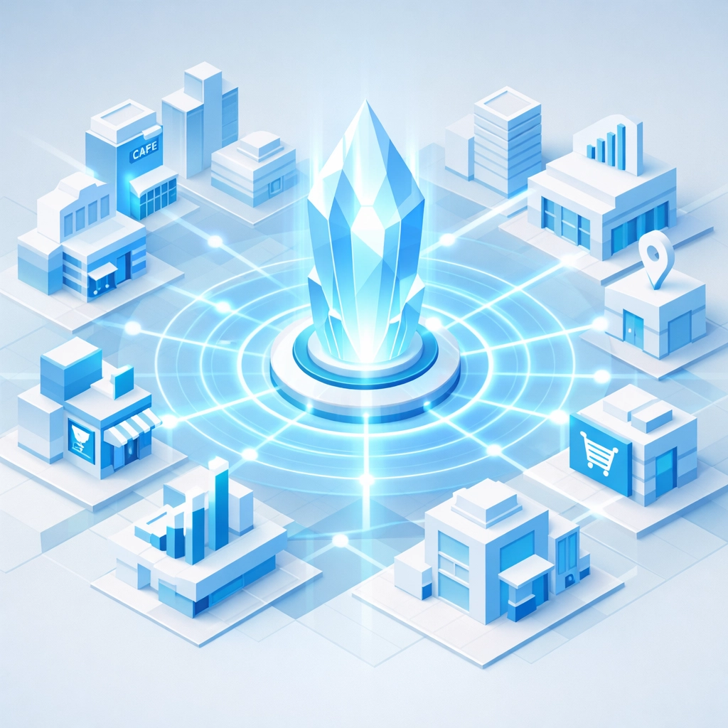Digital grid illustrating a central AI engine boosting local business growth and digital automation ecosystems.