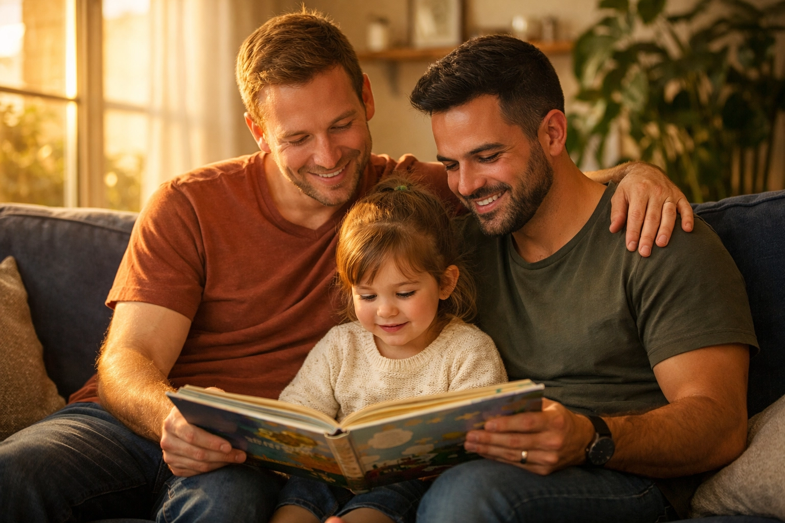 Two gay fathers reading a storybook to their child, showcasing authentic LGBTQ+ family life and parenting.