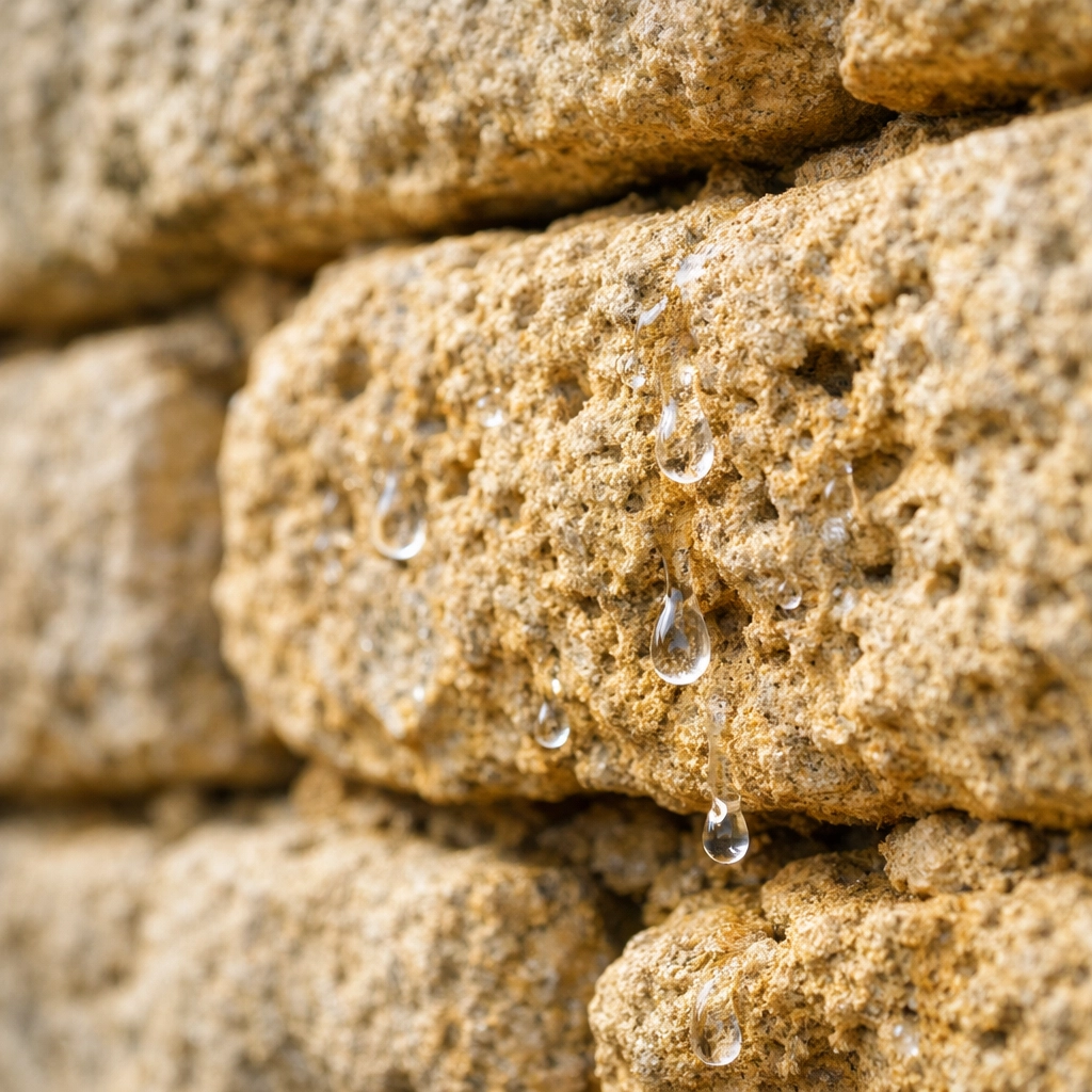 Porous Cotswold stone wall showing natural moisture movement in listed building