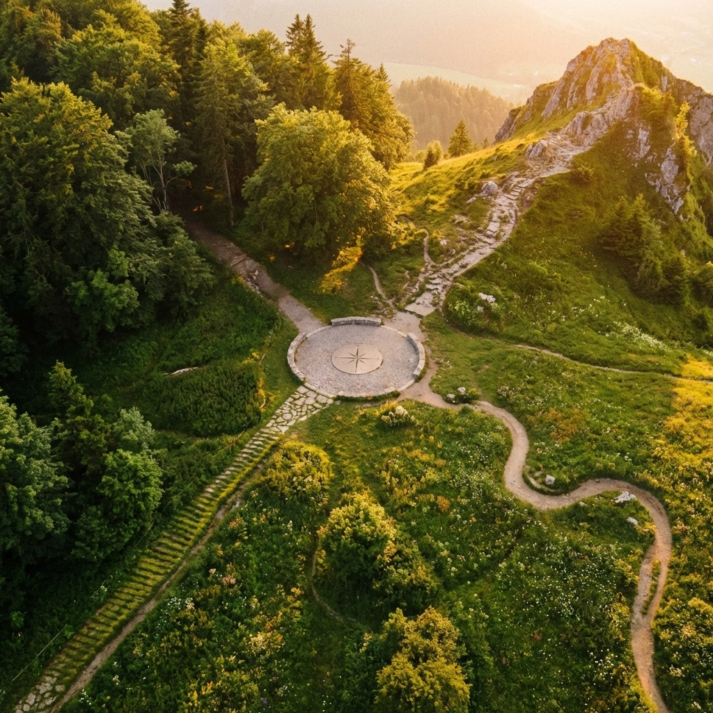 Aerial view of three paths through diverse landscapes representing the functions of alternative investments in diversified portfolios.