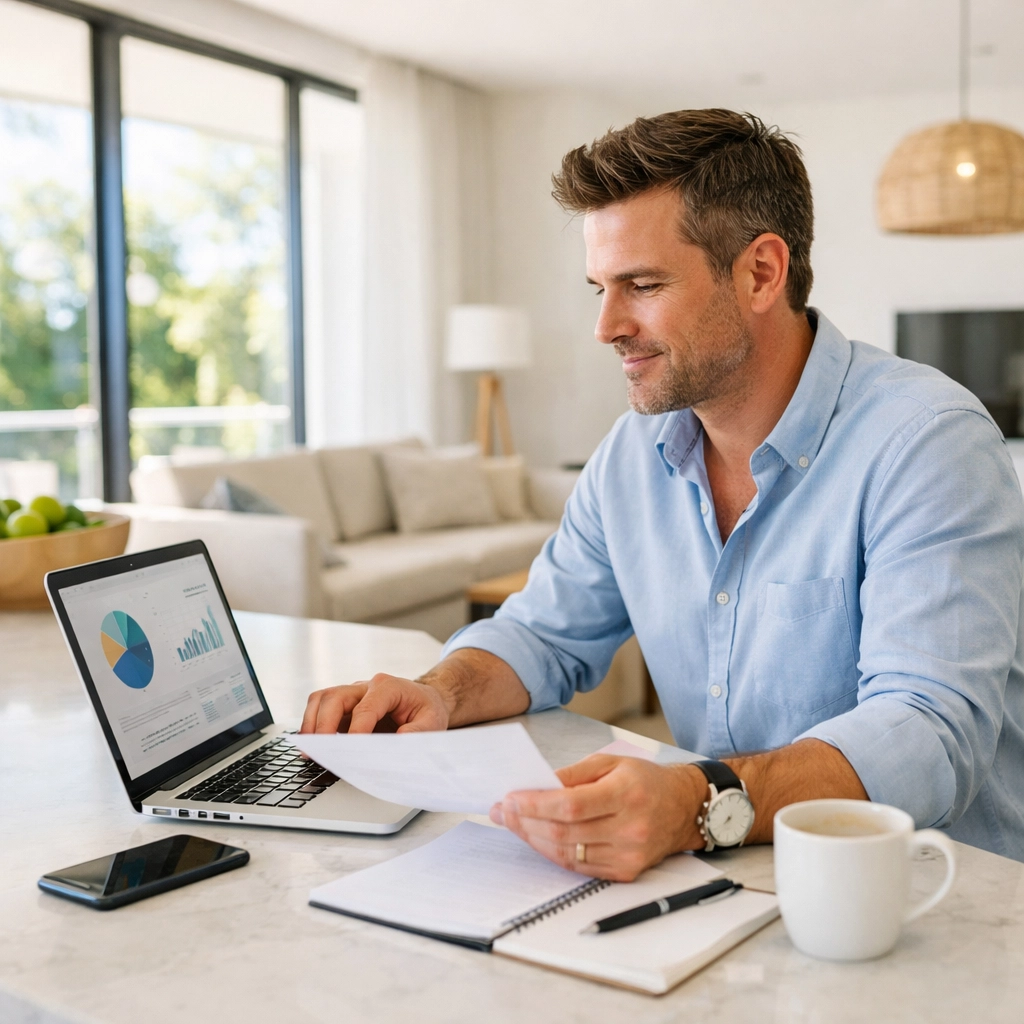 Self-employed entrepreneur planning a mortgage strategy from a modern home kitchen