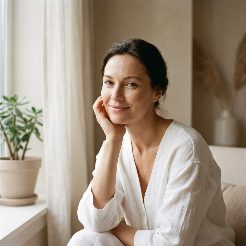 Woman with healthy, glowing skin sitting by window after rejuvenating aesthetic treatments
