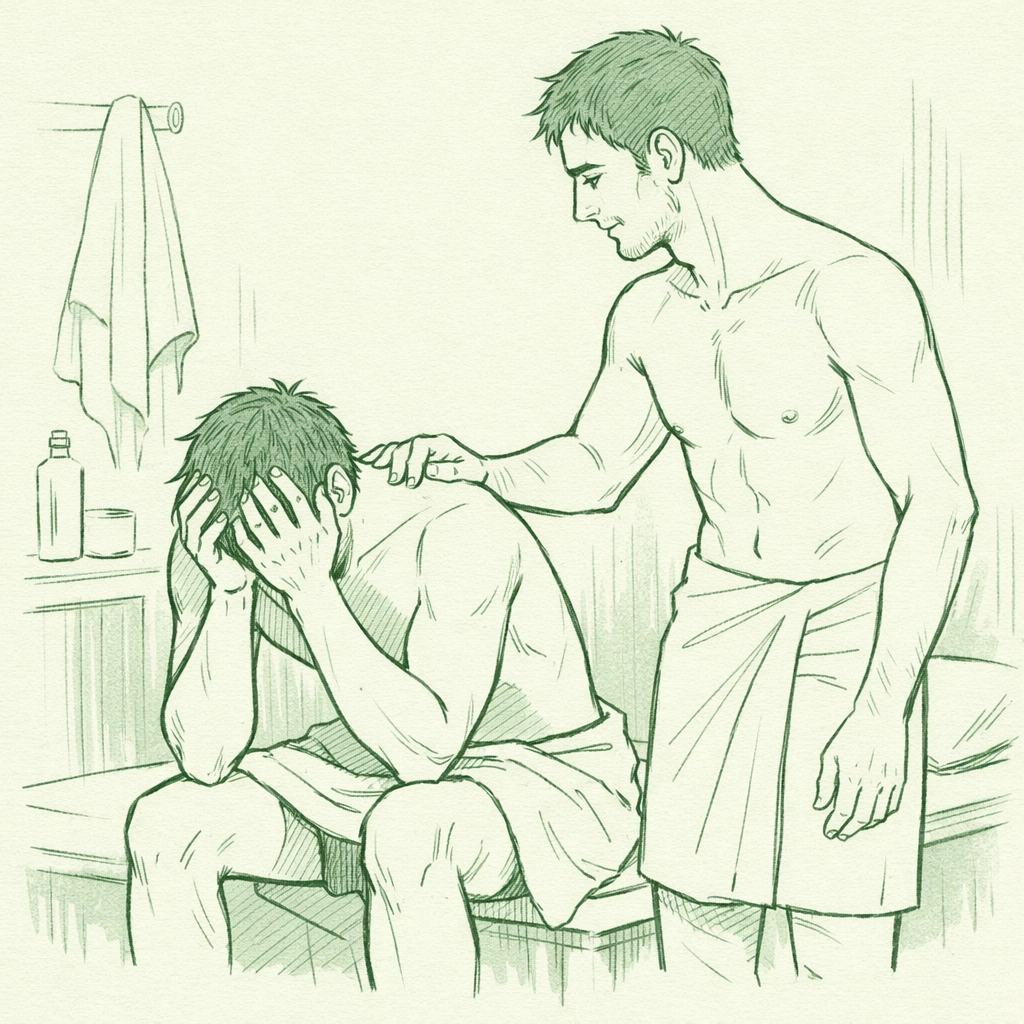 Two men share a tender moment after an encounter in a gay sauna, showing emotional vulnerability