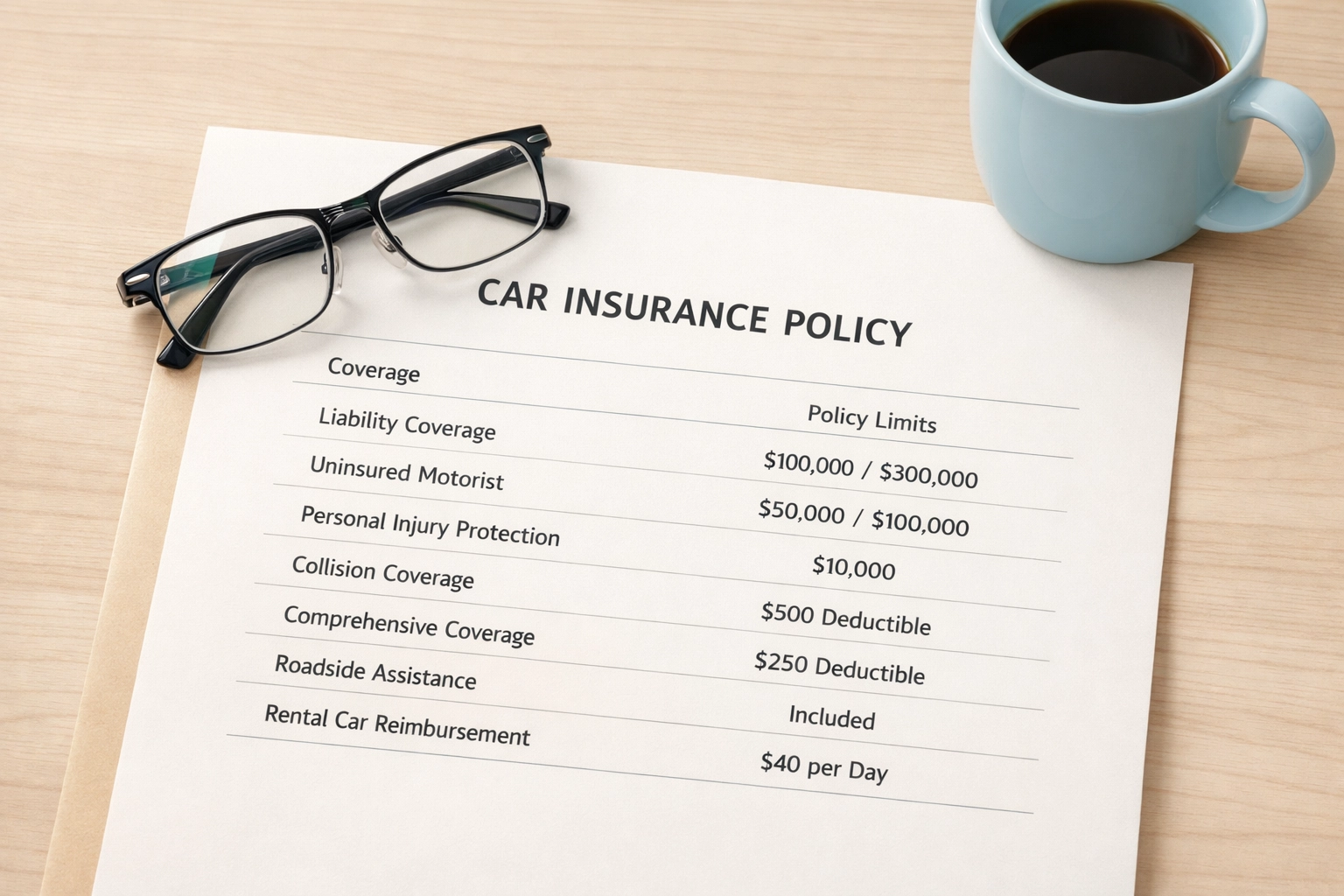 Open car insurance policy document displaying coverage sections for Pennsylvania drivers