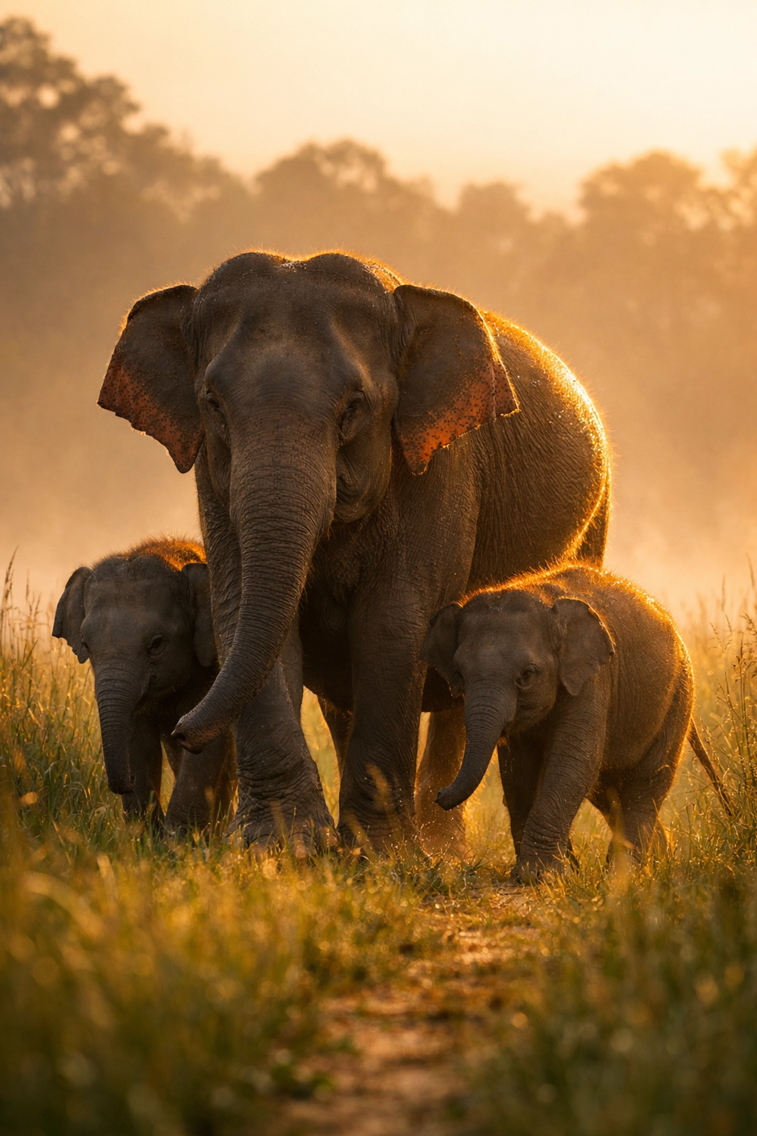 Asian elephant family group in protected grassland habitat during conservation patrol