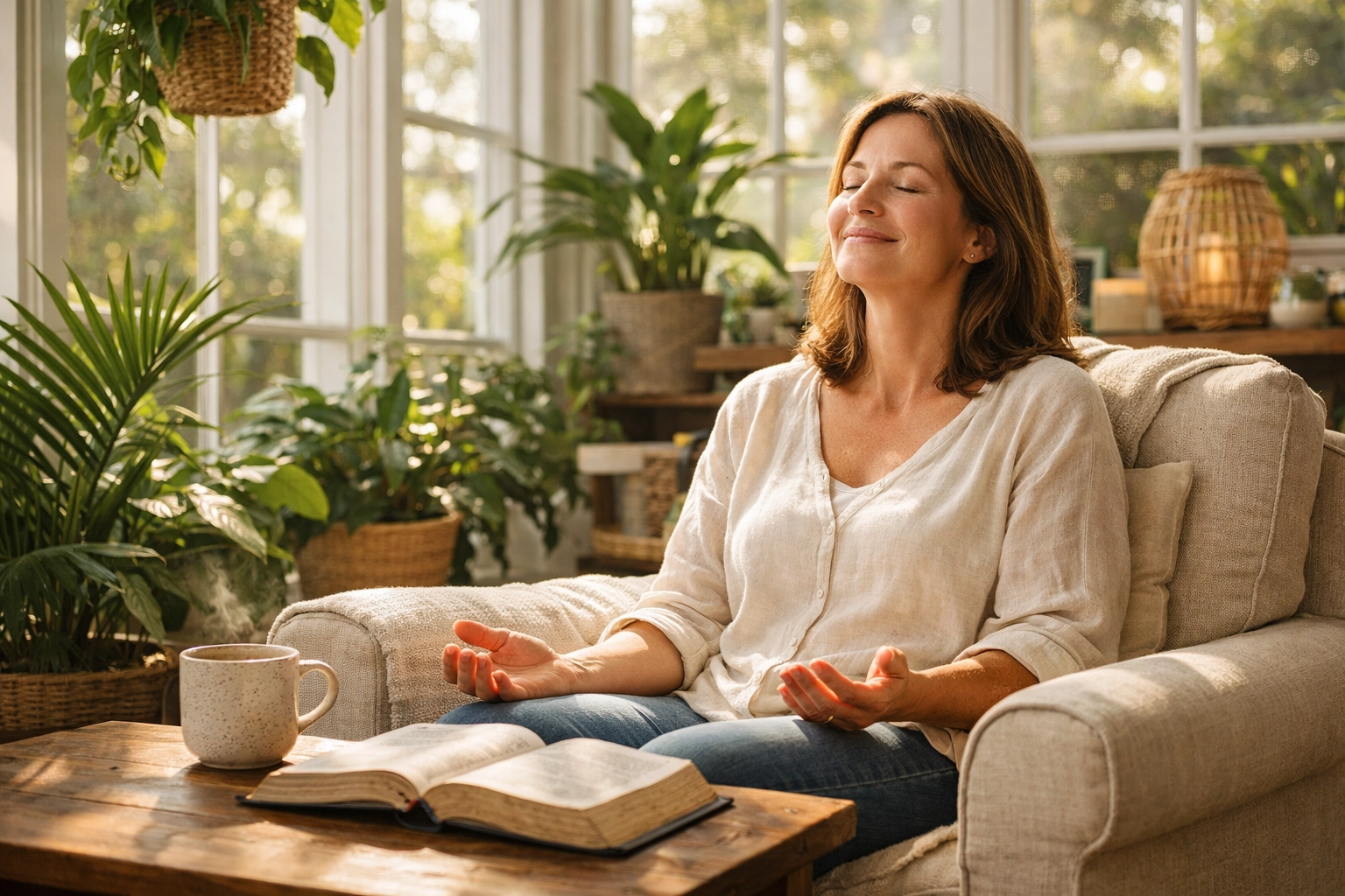A caregiver finding spiritual peace through prayer and reading the Bible in a sunlit room.