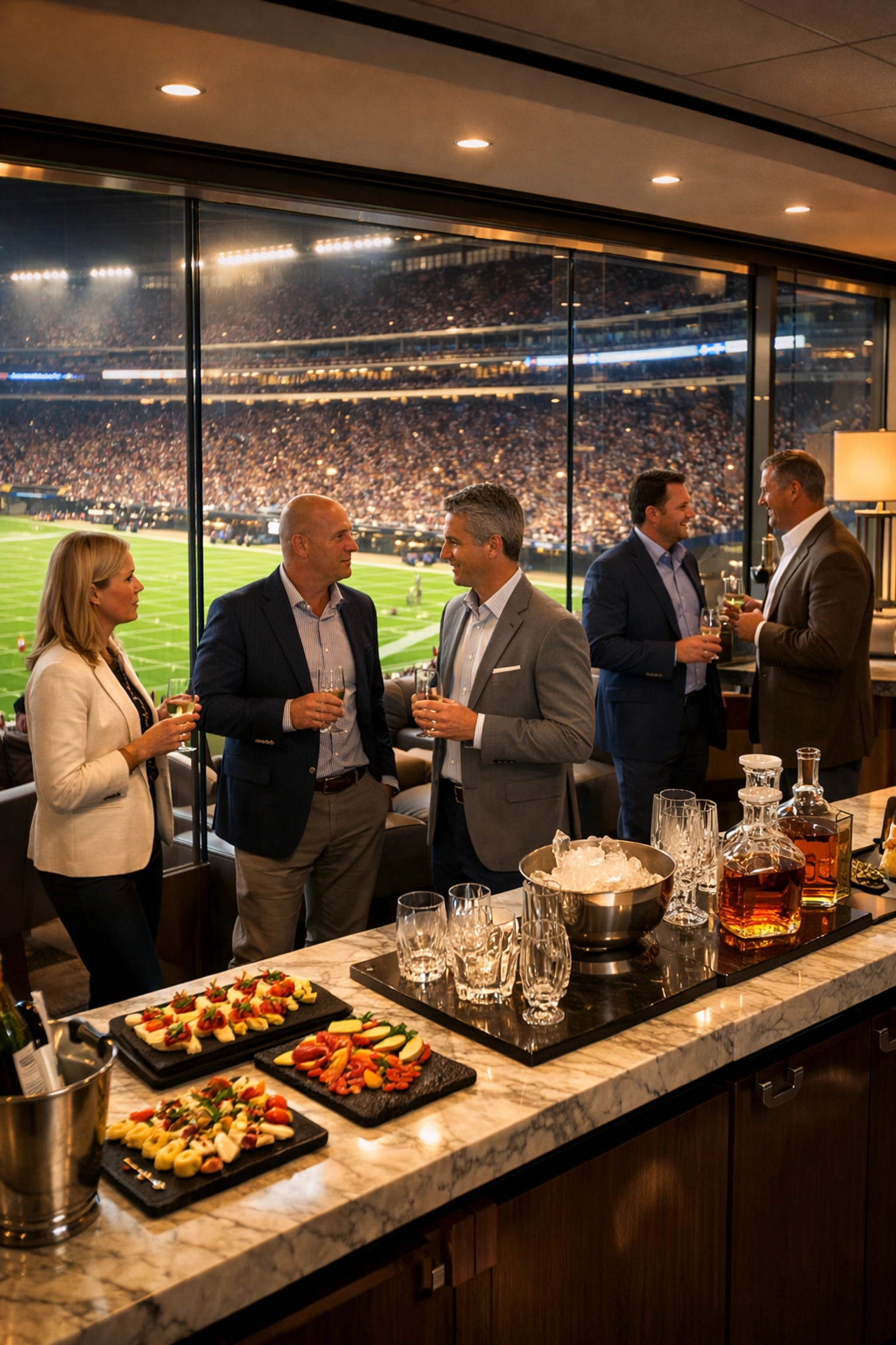 PRESS RELEASE: Why a Strategic Brand Blitz Will Change the Way You Manage Super Bowl Visibility Executives networking in a luxury Super Bowl hospitality suite overlooking the football field.