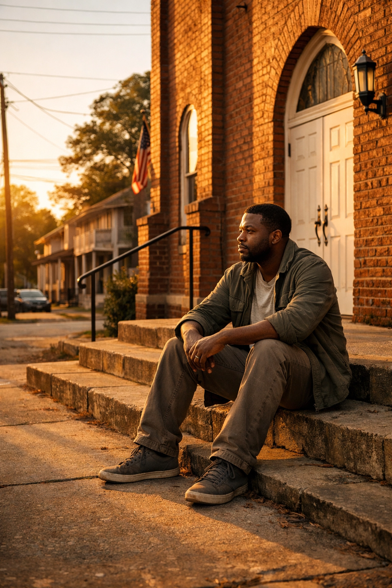 Black man sitting contemplatively on church steps representing individual struggle and community support