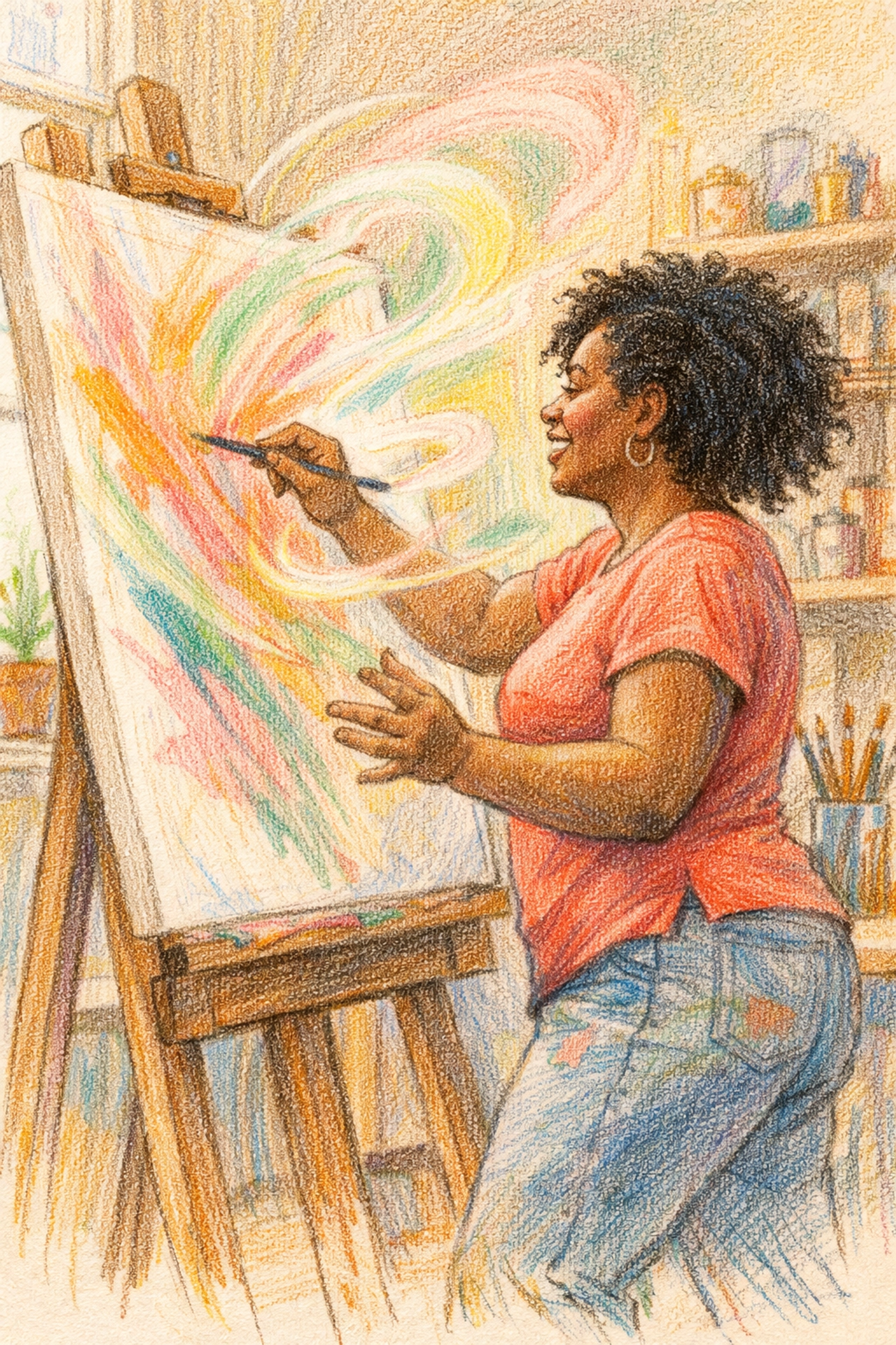 Artist making bold, confident strokes on canvas to overcome creative block and perfectionism