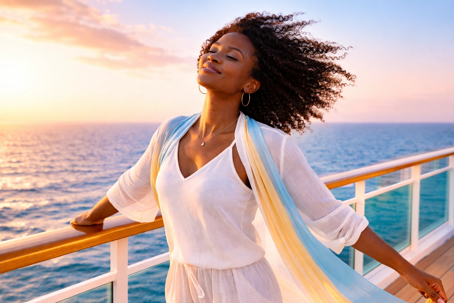 Woman over 40 stands peacefully on a cruise ship deck at sunset, enjoying wellness travel and ocean relaxation