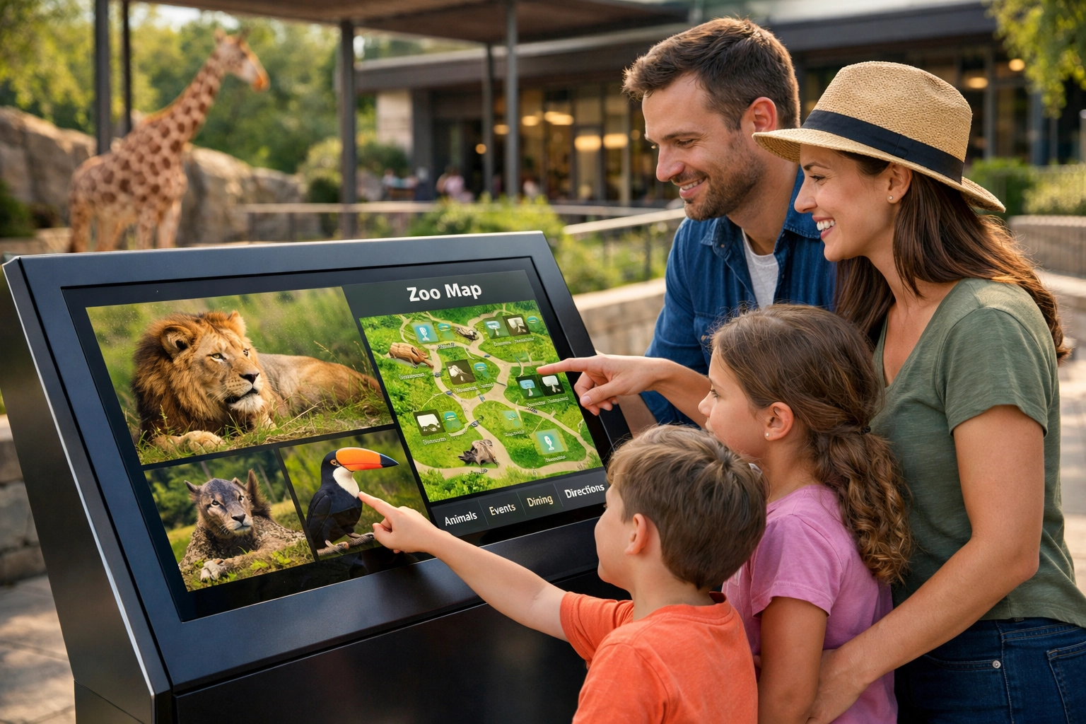 Family using an interactive digital kiosk at a zoo habitat, highlighting zoo sponsorship and brand engagement.