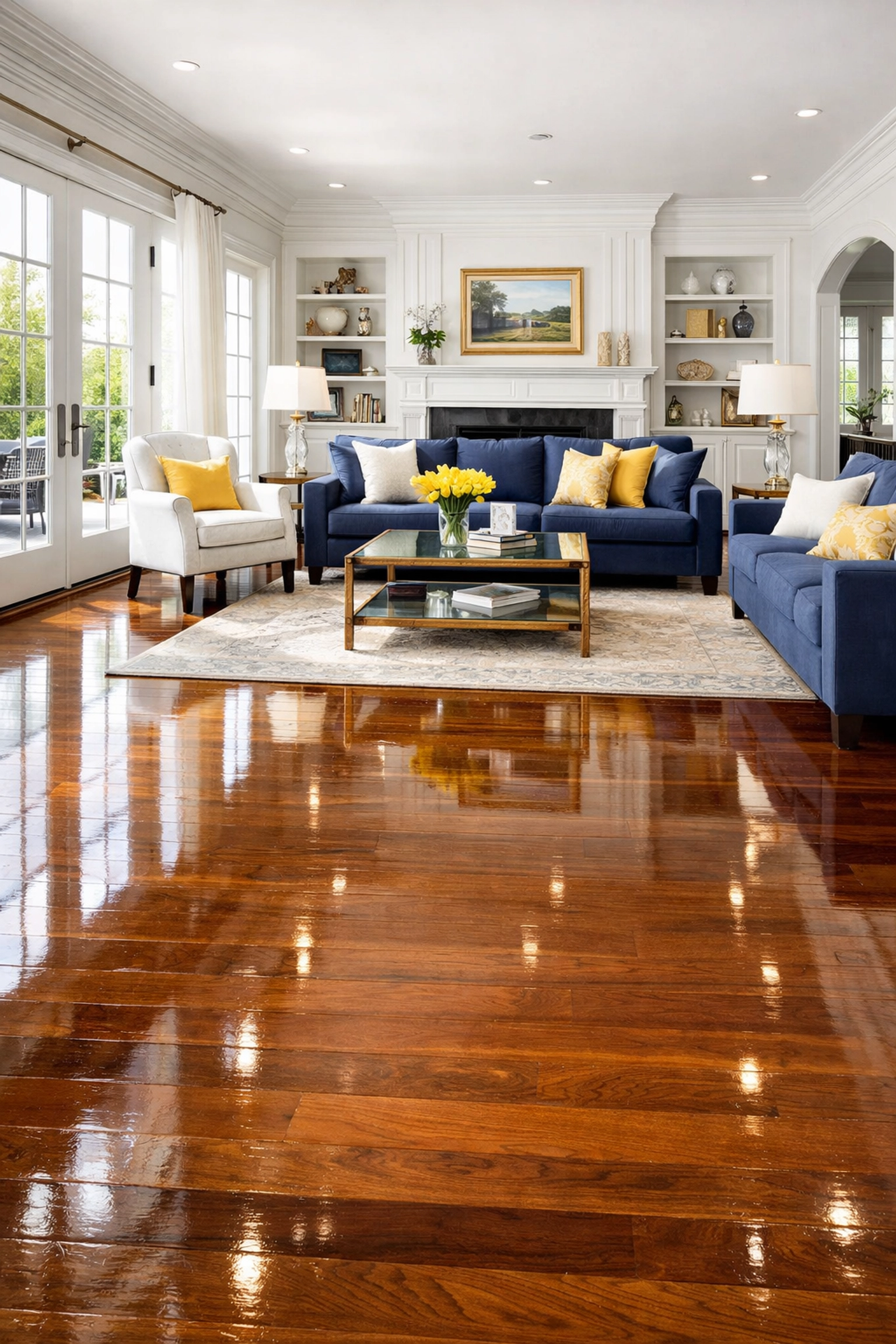 Sun-drenched luxury living room with spotless hardwood floors after a professional deep cleaning MA.
