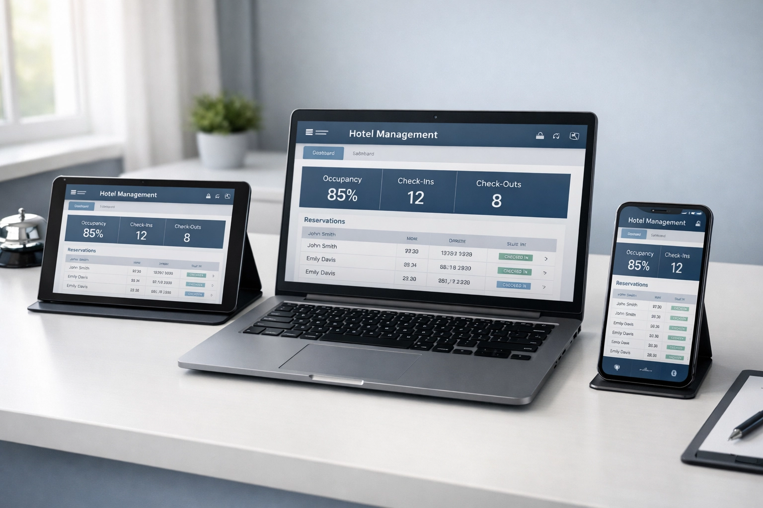 Cloud-native hotel PMS displayed across connected devices showing synchronized data in real-time