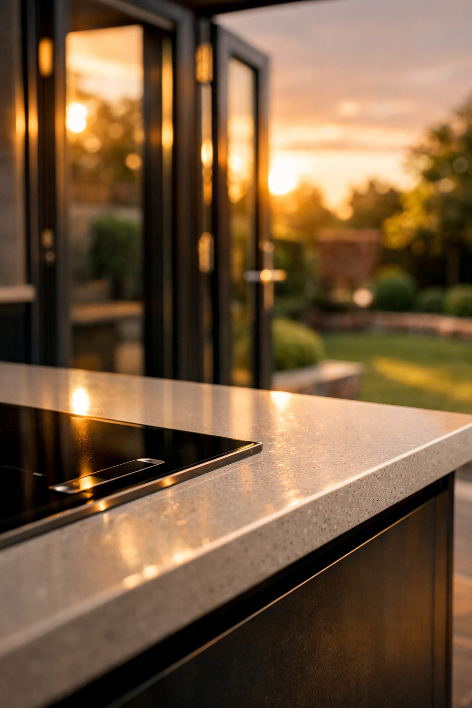 Luxury kitchen installation in West Sussex with quartz worktops and bi-fold doors leading to the garden.
