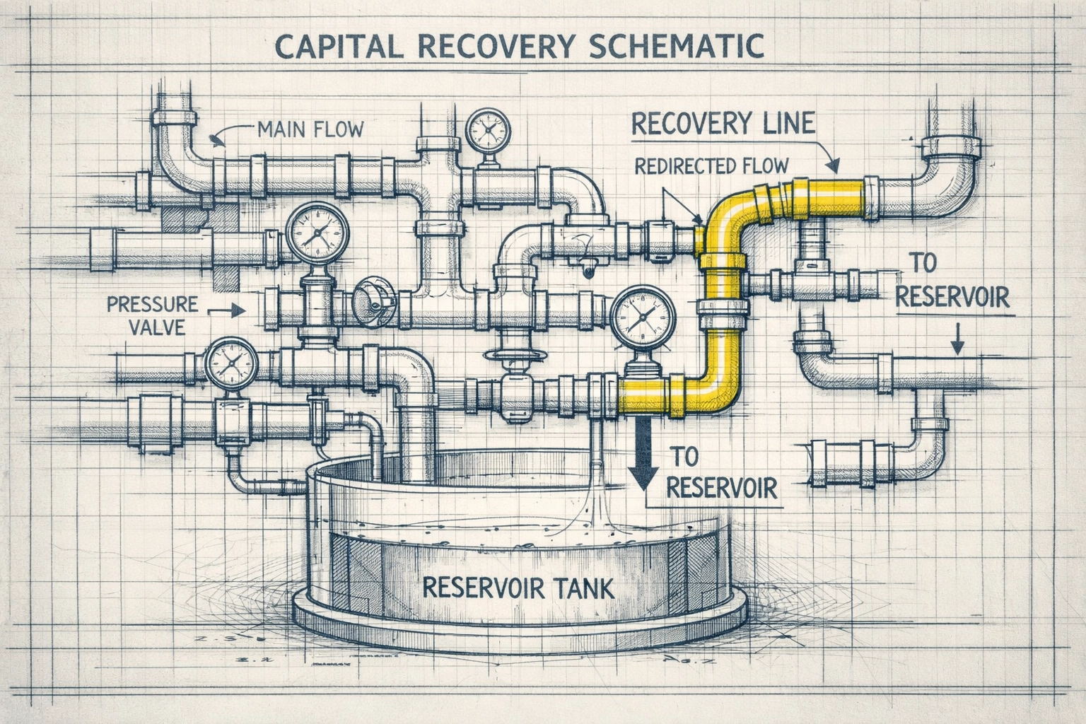 Technical drawing of a capital recovery system to reclaim found money for sales automation tools.