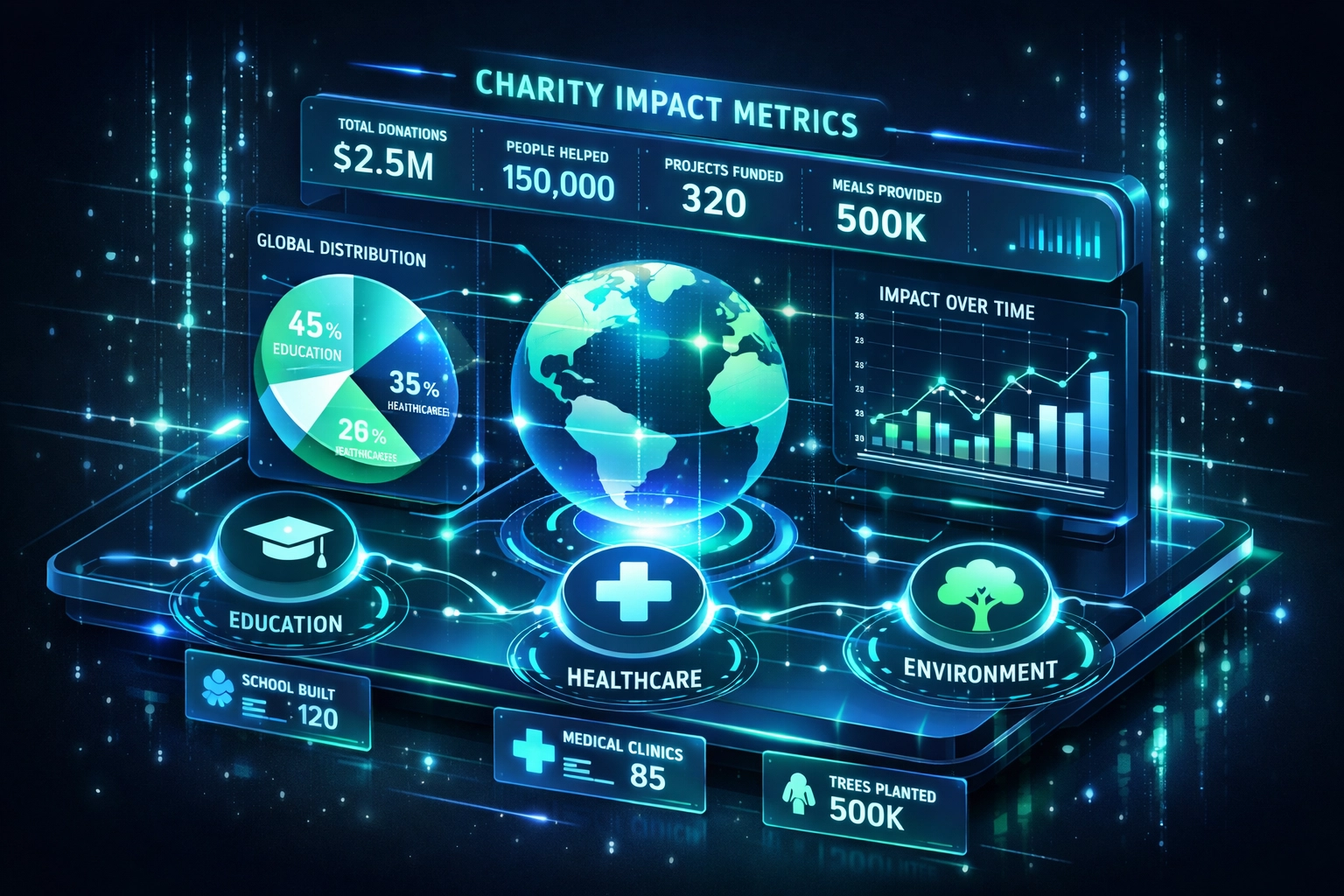 Larecoin impact dashboard displaying real-time charity metrics and global distribution