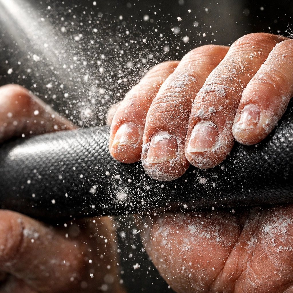 Detailed view of an athlete's grip on professional calisthenics equipment for home strength training.