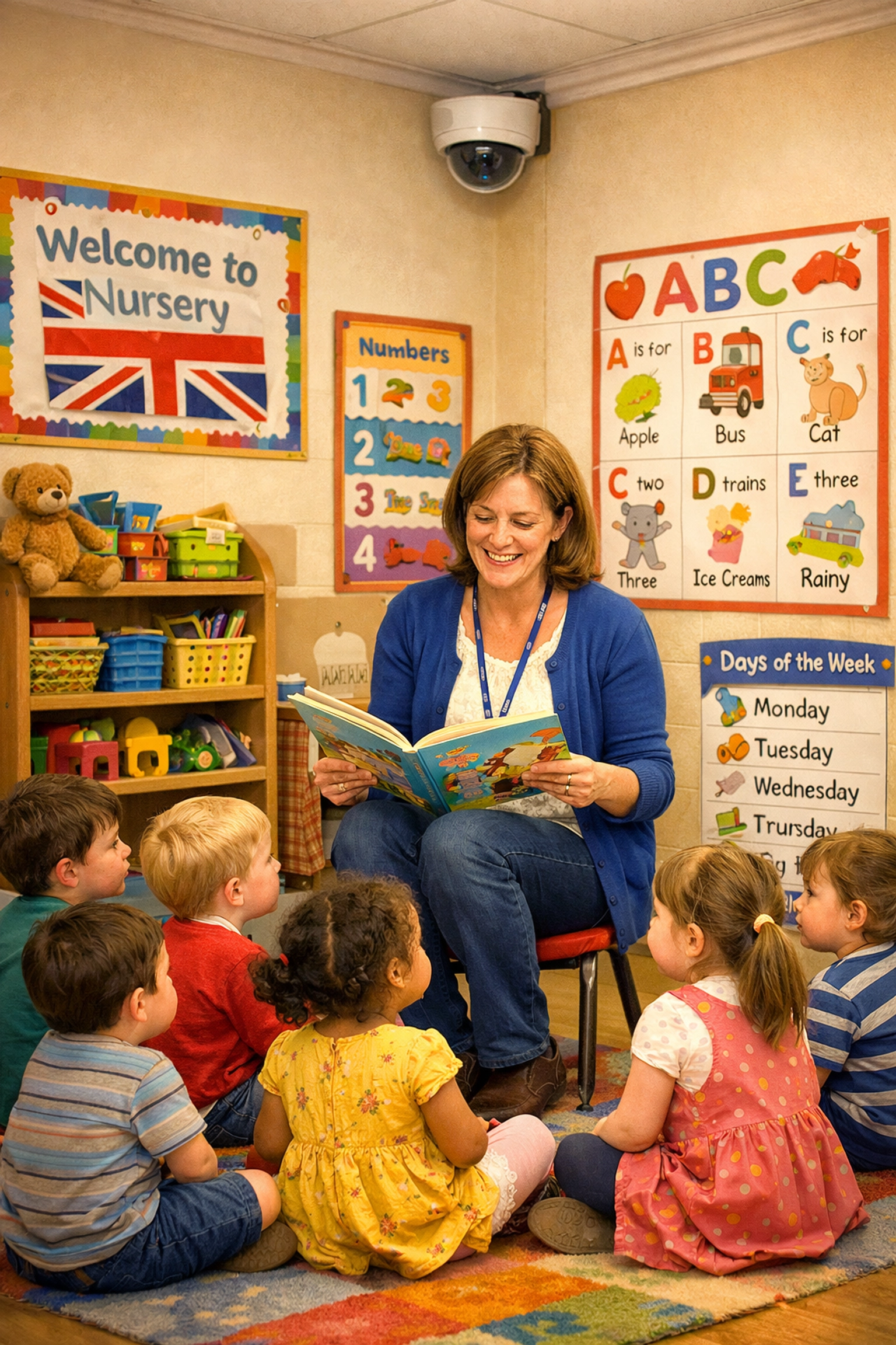 Security camera overseeing an Oxford pre-school classroom during teacher and child activities.