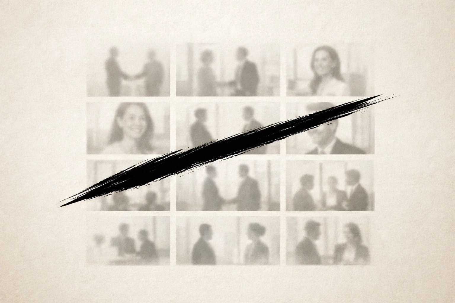 Minimalist illustration of a bold ink stroke cutting through generic stock photos to show brand differentiation.