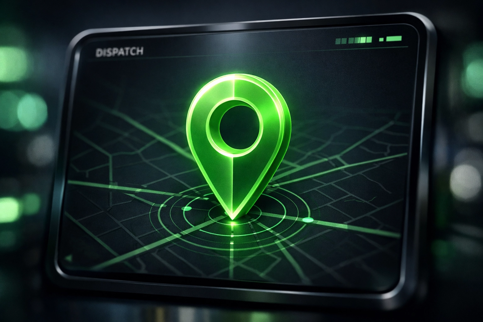 Close-up of a digital dispatch map with a location pin for Riverside towing services.