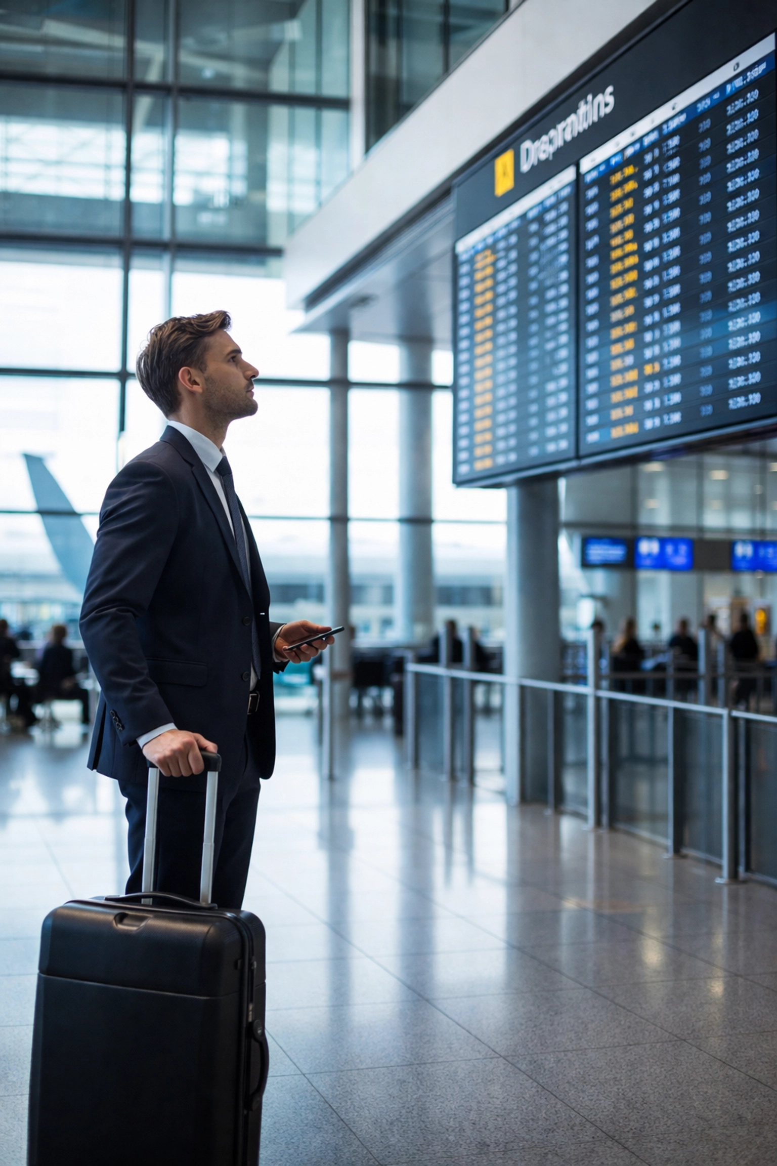 Dublin Airport terminal with business traveller reading screens, highlighting transfer options for Belfast