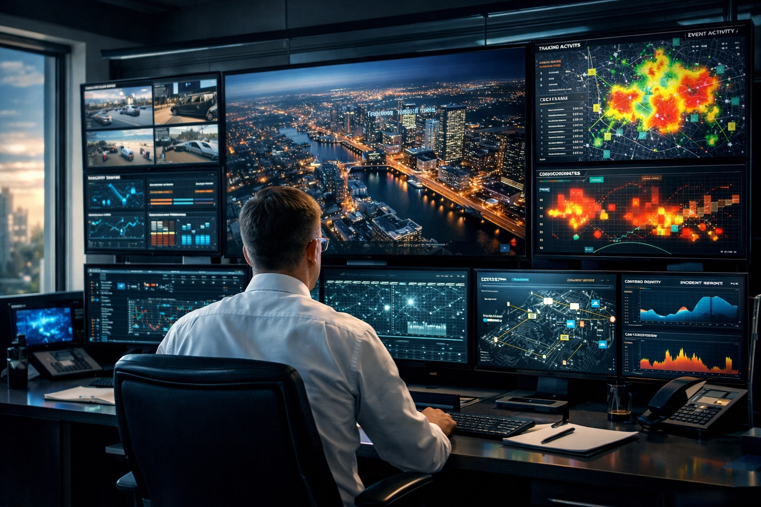 Super Bowl travel logistics command center monitoring real-time data for executive security and movement.