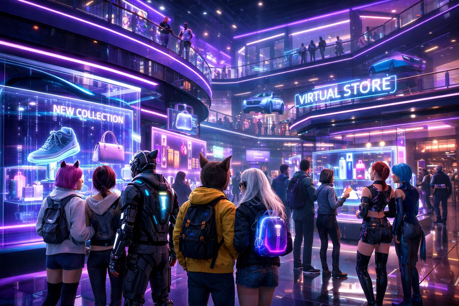 Digital avatars social shopping together in futuristic metaverse virtual mall with holographic storefronts