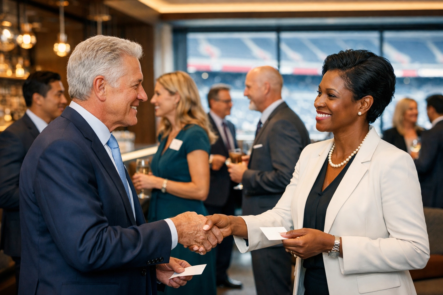 C-suite executives networking and building business relationships at Super Bowl hospitality event