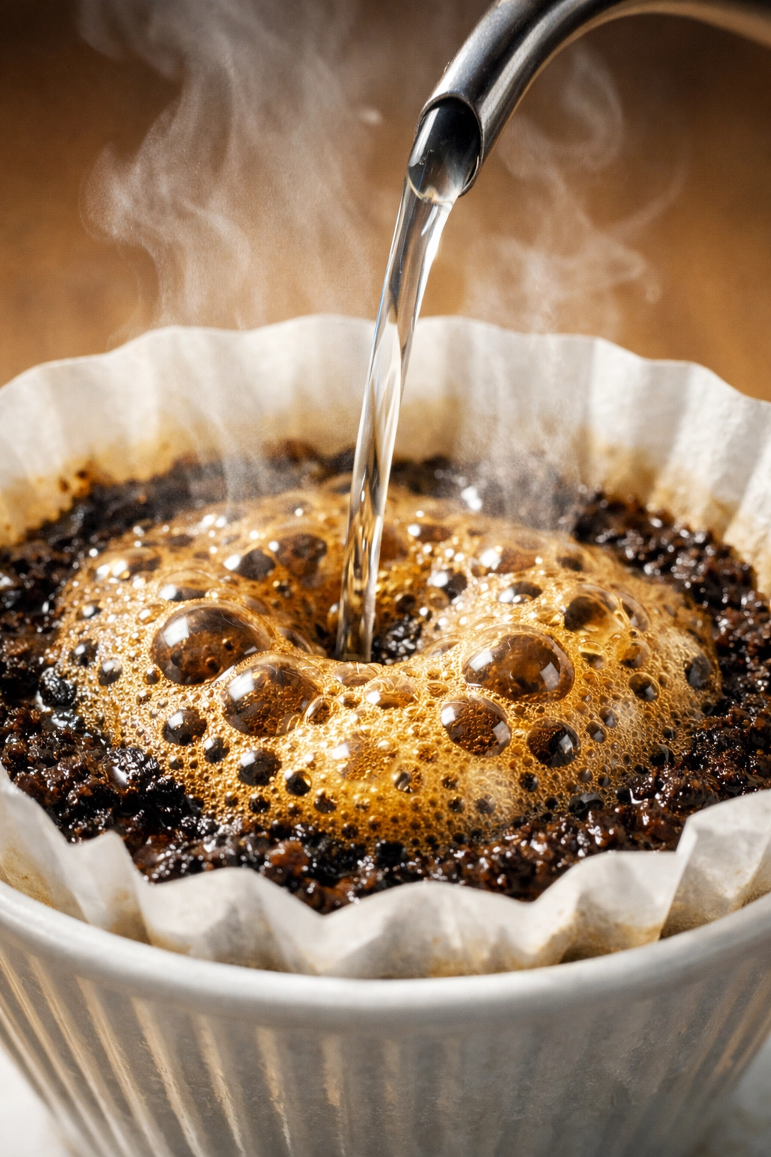 Close-up of freshly roasted coffee grounds blooming during the pour-over brewing process.