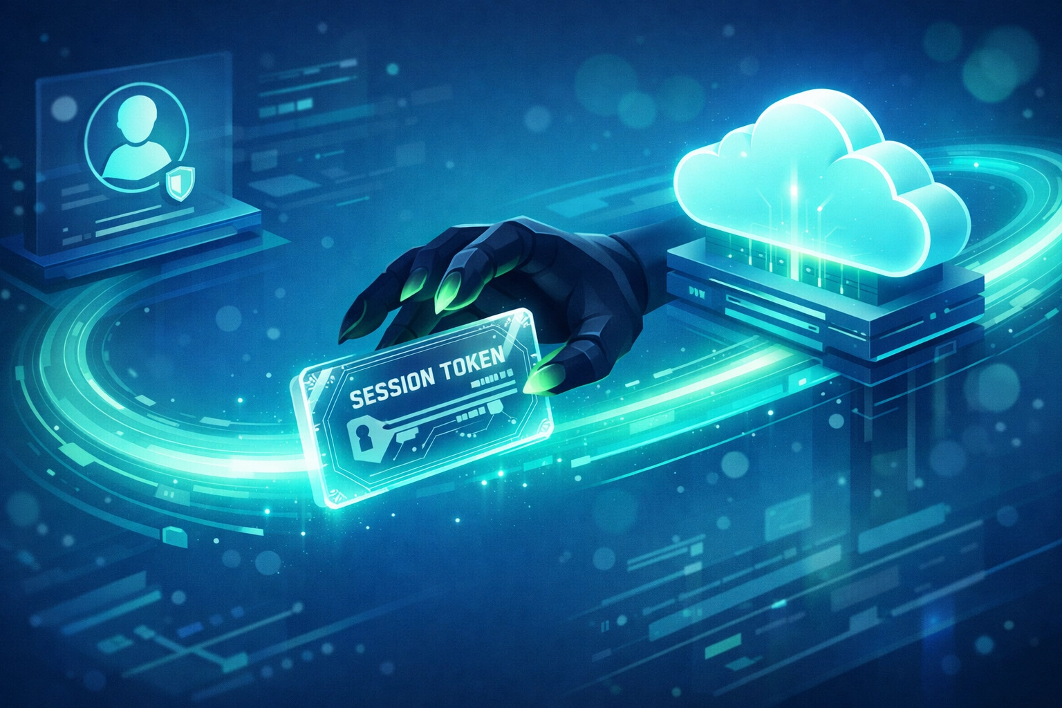 Digital illustration showing a session token being intercepted to bypass multi-factor authentication.