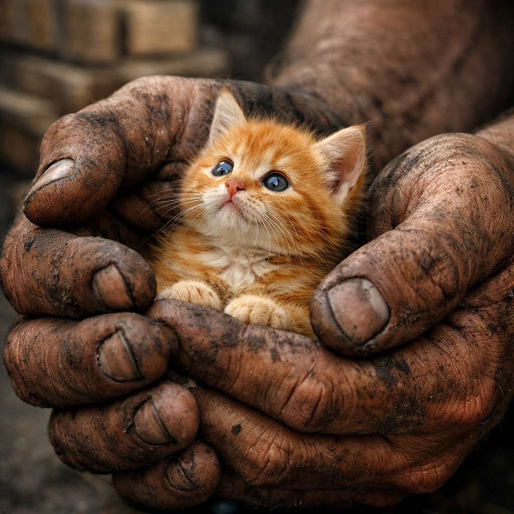 Rough, calloused hands of a builder tenderly holding a tiny kitten, a classic gentle giant MM trope.