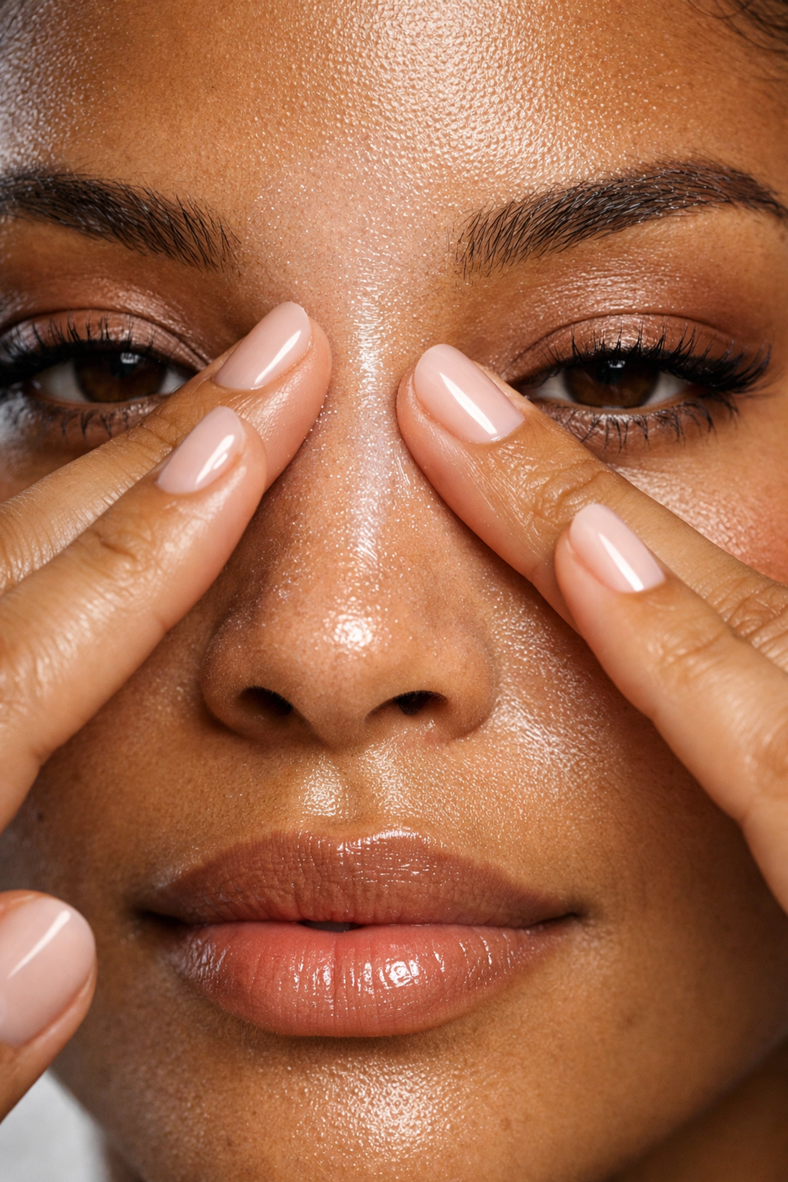 Applying face primer to the T-zone using a press and roll motion for a blurred skin texture.