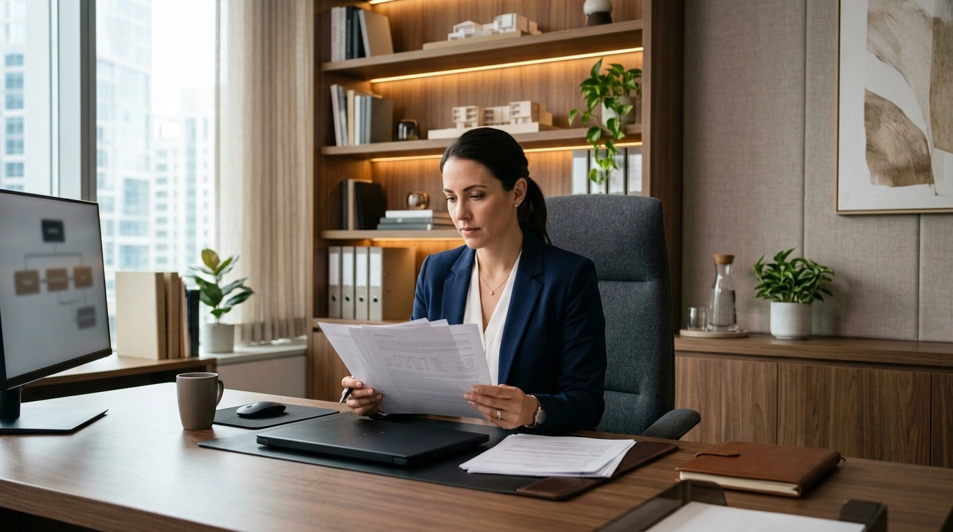 Mid-level hotel manager in a modern luxury hospitality office environment inspired by Marriott, Hilton, or Radisson, with no visible text or logos.