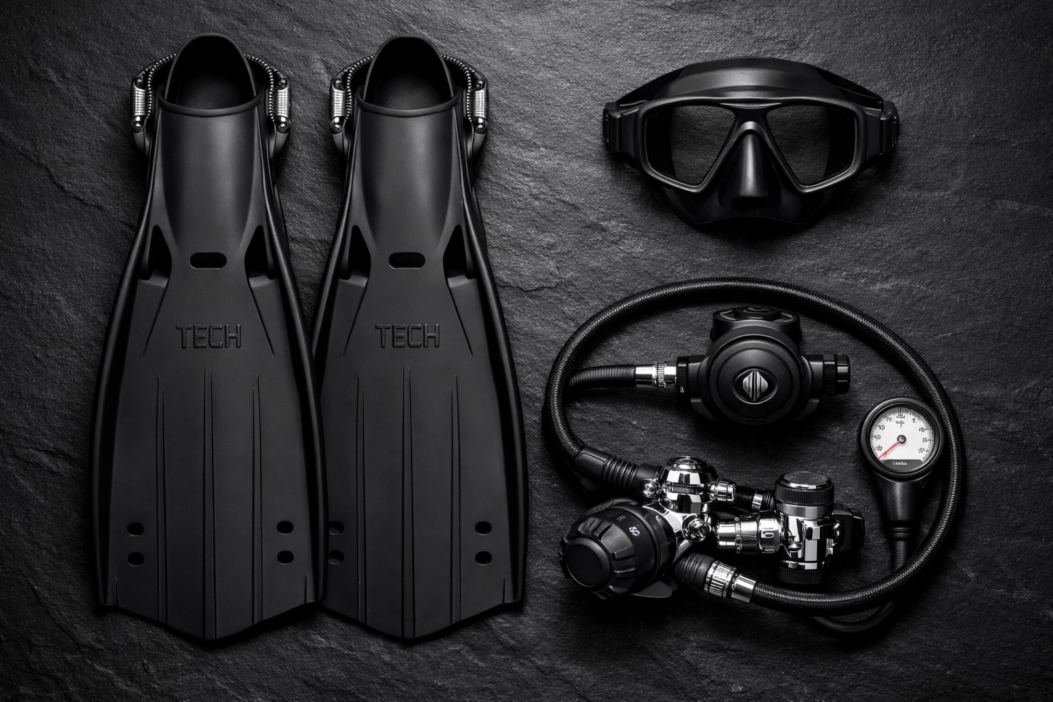 Set aus High-End Tauchausrüstung inklusive Scubaforce Fins, Maske und Atemregler.