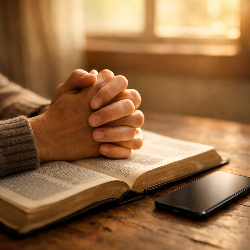 Hands praying over open Bible with smartphone face-down for midday reset