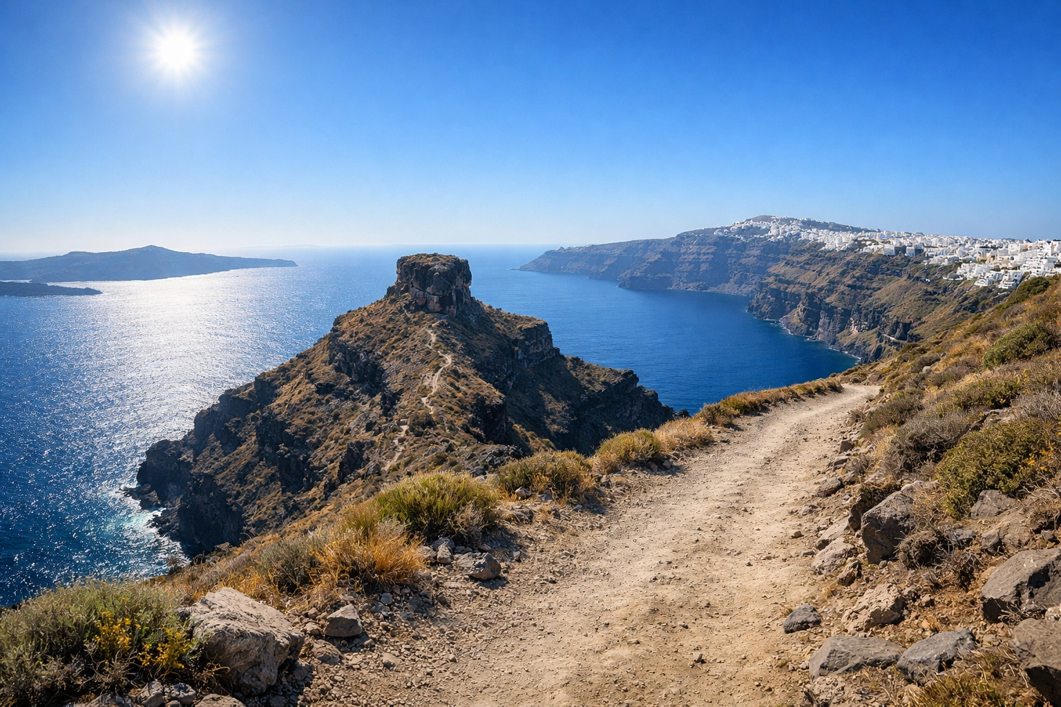 Scenic hiking trail from Fira to Oia overlooking Skaros Rock and the Aegean Sea in Santorini.