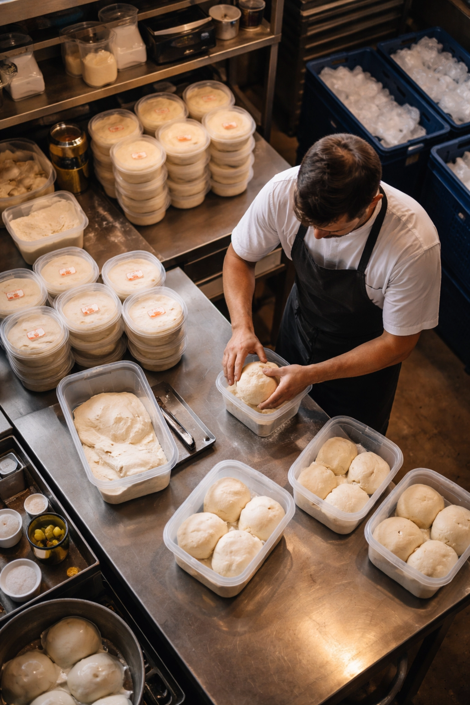 Chef portioning pizza dough in commercial kitchen, showing centralized prep for hub-and-spoke restaurant model.