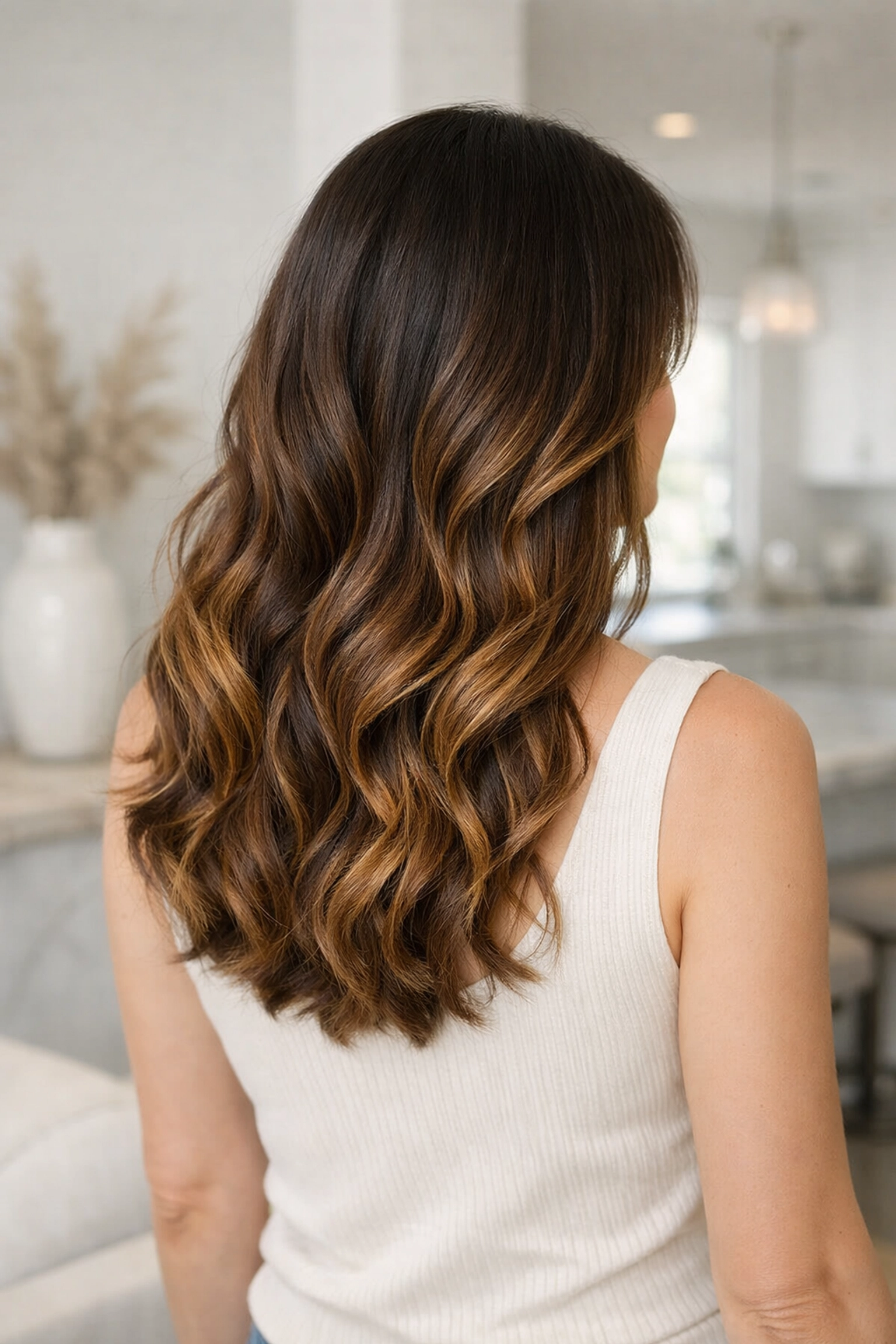 Stunning hair transformation featuring lived-in expensive brunette color and soft, elegant waves.
